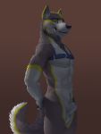  2018 animal_genitalia animal_penis anthro athletic balls canid canine canine_penis canis domestic_dog farad flaccid front_view fur half-closed_eyes harness hi_res husky looking_at_viewer male mammal nordic_sled_dog nude penis penis_tip portrait sheath side_view simple_background smile smirk solo spitz standing teeth three-quarter_portrait virtyalfobo 