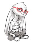  anthro big_ears biped bottomwear clothed clothing disney english_text eyewear fully_clothed glasses head_tuft lagomorph leporid looking_at_viewer mammal nobby_(artist) pants rabbit shirt simple_background sitting solo text topwear tuft violet_hopps white_background zootopia 