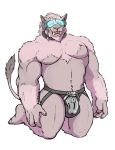  2019 5_fingers anthro beard biceps biped chastity_cage chastity_device clothed clothing collar facial_hair felid final_fantasy final_fantasy_xiv fingers hair hi_res hrothgar hyenaface hypnotic_visor jockstrap kneeling lock male mammal mind_control muscular muscular_male navel pecs pink_hair ringed_eyes smile solo square_enix submissive submissive_male topless underwear video_games 