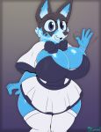  2019 4_fingers absurd_res anthro azuli big_breasts blizzard_entertainment blue_eyes bow_tie breasts canid cleavage clothed clothing digital_drawing_(artwork) digital_media_(artwork) fangs female fingers gesture hi_res huge_breasts looking_at_viewer mammal miso_souperstar molten_corgi open_mouth open_smile signature smile solo video_games warcraft waving wide_hips 