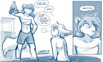  ... 2019 abs annoyed anthro basitin blush canid canine canis chest_wraps clothing comic conditional_dnp dialogue duo english_text eyes_closed female glare hand_on_hip hi_res holding_object keidran keith_keiser male mammal midriff monochrome natani navel partially_submerged simple_background sketch smile smirk surprise swimming_trunks swimwear text tom_fischbach twokinds webcomic wet white_background wolf wraps 