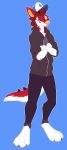  2016 absurd_res anthro barefoot biped blue_background canid canine canis clothed clothing digital_media_(artwork) fingers fur hair hi_res hybrid male mammal open_mouth red_body red_fur red_hair senimasan simple_background smile solo teeth toes tongue wolf yellow_nose 