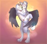  2015 4_toes 5_fingers anthro black_body black_feathers canid canine canis digital_media_(artwork) duo feathered_wings feathers fingers fur grey_body grey_fur hybrid male mammal nude senimasan smile standing toes wings wolf 