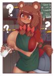  2019 ? absurd_res accessory anthro apron beau_(luxurias) big_breasts blush bodily_fluids breast_milking breasts brown_bear clothed clothing female fur glass hair hair_accessory hair_bow hair_ribbon hi_res lactating luxurias mammal milk ribbons solo ursid ursine 