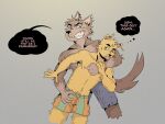 anthro arm_around_another arm_around_neck arm_around_partner arm_around_shoulder arm_around_waist biceps bottomwear brown_body brown_fur bulge bulge_grab bully bullying canid canine canis clothed clothing crotch_grab dialogue domestic_dog duo ear_piercing ear_ring english_text fangs fangs_bared fist fists_clenched frown frowney_face frowning_at_another frowning_at_partner fur genitals glassesdumpster grabbing_from_behind green_bottomwear green_clothing green_eyes green_shorts grey_background grimace grope hand_on_bulge hand_on_crotch hi_res holding_another holding_from_behind holding_partner humiliation male male/male mammal manhandling manly muscular muscular_anthro muscular_male orange_body orange_bottomwear orange_clothing orange_fur orange_shorts pecs penis penis_humiliation piercing pubes pubes_exposed ring_piercing roughhousing shorts simple_background small_penis small_penis_humiliation speech_bubble taunting teasing teeth text thought_bubble topless topless_anthro topless_male wolf