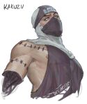  1boy amputee artist_name artistdkt character_name commentary cropped_torso dark-skinned_male dark_skin forehead_protector green_eyes highres kakuzu_(naruto) male_focus mask mouth_mask multicolored_eyes naruto_(series) naruto_shippuuden ninja_mask nipple_slip nipples pectorals red_eyes simple_background solo stapled takigakure_symbol toned toned_male white_background 