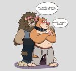 anthro arm_around_another arm_around_partner arm_behind barefoot bashful belly black_collar blue_bottomwear blue_clothing blue_pants blue_shirt blue_topwear blush blush_lines bodily_fluids body_hair bottomwear brown_body brown_fur brown_nose canid canine canis chest_hair chest_scar claws clothing collar collar_tag crossed_arms dialogue domestic_dog drawstring drawstring_bottomwear drawstring_clothing drawstring_pants duo embarrassed embarrassed_expression embarrassed_male english_text eyebrows fangs feet felid feline flirting fur grabbing_another grabbing_partner grey_bottomwear grey_clothing grey_pants grey_sweatpants grin grumpy hand_behind_back hand_on_shoulder hi_res holding_another holding_partner holding_shoulder lion looking_away looking_down male male/male mammal mane manly muscular muscular_anthro muscular_male orange_body orange_fur pantherine pants pec_scar pink_nose pit_bull red_bandana red_clothing scar secretly_loves_it shadow shirt simple_background skull_collar skull_collar_tag smile speech_bubble sweat sweatdrop sweaty_body sweaty_face syncrotrace tail teasing teeth text thick_eyebrows topwear torn_bottomwear torn_clothing torn_pants tough_guy whiskers white_background