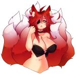  2016 5_fingers animal_humanoid big_breasts blush breasts canid canid_humanoid canine canine_humanoid character_request choker digital_media_(artwork) dipstick_tail eye_patch eyewear female fingers fox fox_humanoid front_view hair hi_res huge_breasts humanoid inner_ear_fluff jewelry long_hair looking_at_viewer mammal mammal_humanoid multicolored_tail navel necklace open_mouth raikissu red_hair simple_background solo tuft white_background yellow_eyes 