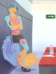  anthro bottomwear canid canine canis clothing drmax fox hi_res humanoid_penis hybrid locker_room male mammal penis penis_through_leghole poking_out shorts solo teslawolfen wolf 