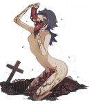  1girl bone breasts bug completely_nude corpse cross death dirt ero_guro flesh fly food grave guro highres intestines jejejunum jejenum_(jejejunum) kneeling maggot meat mud necrophilia nipples nude organs original purple_hair skeleton small_breasts solo 