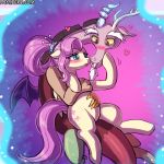  &lt;3 1:1 2019 antlers blue_eyes blush claws cutie_mark discord_(mlp) draconequus duo equid equine feathered_wings feathers feral fluttershy_(mlp) friendship_is_magic hair horn hug lumineko male mammal my_little_pony pink_hair ponytail pregnant pterippus red_eyes simple_background size_difference smile wings yellow_sclera 
