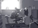  2019 5_fingers anthro backlighting bottomless box chair clothed clothing detailed_background digital_media_(artwork) domestic_cat drill duo eyewear felid feline felis fingers fur furniture glasses hammer holding_object holding_tool hoodie inktober inside light lighting male mammal monochrome mothandpodiatrist nail plant suitcase tools topwear ursid ursine 