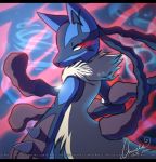 abstract_background ambiguous_gender anthro canid canine digital_media_(artwork) fur glowing glowing_eyes looking_back magic-ray mammal mega_evolution mega_lucario multicolored_body multicolored_fur nintendo pok&eacute;mon pok&eacute;mon_(species) red_eyes solo turning video_games 