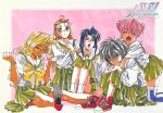  1990s_(style) black_hair blonde_hair blue_hair bracelet brown_hair cindy_sakurai closed_eyes copyright_name dark-skinned_female dark_skin double_bun graduation_(series) green_skirt hair_bun hand_on_another&#039;s_shoulder high_heels hug hug_from_behind interlocked_fingers inuzuka_saori ishibashi_misako jewelry kneeling knees_up long_hair long_skirt long_sleeves marker_(medium) medium_hair miniskirt no_socks non-web_source official_art open_mouth own_hands_together pink_hair pleated_skirt pumps red_shoes retro_artstyle rimless_eyewear scan school_uniform shoes short_hair short_sleeves shrugging sitting skirt sneakers solo sotsugyou_ii:_neo_generation takei_masaki tani_yurika traditional_media w_arms yasuda_maina zettai_ryouiki 