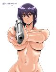  1girl aiming aiming_at_viewer aqua_eyes breasts breasts_apart cowboy_bebop cowboy_shot david_huang faye_valentine gun hair_between_eyes highres holding holding_gun holding_weapon large_breasts navel nude photo-referenced pink_nails purple_hair short_hair simple_background solo sweat twitter_username underboob weapon white_background 
