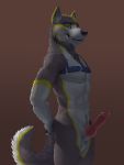  2018 animal_genitalia animal_penis anthro athletic balls canid canine canine_penis canis domestic_dog erection farad front_view fur half-closed_eyes harness hi_res husky knot looking_at_viewer male mammal nordic_sled_dog nude penis portrait sheath side_view simple_background smile smirk solo spitz standing teeth three-quarter_portrait virtyalfobo 