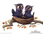  2019 autumn avian bird black_body black_feathers blush branch corvid corvus_(genus) crow cryptid-creations duo eye_contact eyeball feathered_wings feathers female feral green_eyes leaf looking_at_another male nest romantic simple_background white_background wings wood yellow_eyes 