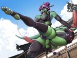  2019 4:3 anthro areola breasts bulge day detailed_background digital_media_(artwork) dildo gynomorph hi_res intersex lizard nipples open_mouth outside purple_eyes reptile scalie sex_toy sky solo teeth tongue twinkle-sez 