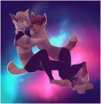  2017 4_toes 5_fingers anthro blue_eyes brown_hair canid canine canis clothed clothing cosmic_background digital_media_(artwork) domestic_dog female fingers hair hi_res hug male mammal orange_eyes senimasan smile toes 
