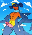  2019 60percentscalie animal_genitalia anthro anthrofied black_sclera bodily_fluids claws dragon erection fish garchomp genital_fluids genital_slit glowing glowing_eyes hands_on_hips hi_res humanoid_penis looking_at_viewer male marine muscular neckerchief nintendo penis pok&eacute;mon pok&eacute;mon_(species) precum scalie shark sharp_teeth simple_background slit slit_pupils smile smirk solo teeth video_games yellow_eyes 