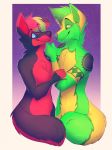  2017 5_fingers anthro black_body black_fur breasts canid canine canis detailed_background digital_media_(artwork) featureless_breasts female fingers fur green_body green_fur green_hair hair hi_res male mammal night nude outside red_body red_fur senimasan sky smile star starry_sky wolf 