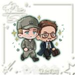 2boys avengers:_endgame avengers_(series) baggy_pants belt black_belt black_boots black_pants black_shoes blonde_hair blue_eyes blue_jacket boots breast_pocket brown_eyes brown_hair chibi chibi_only closed_mouth collared_shirt commission facial_hair formal_clothes full_body glasses green_hat green_jacket green_necktie green_pants half-closed_eyes hand_in_pocket hat highres holding holding_suitcase jacket lapels long_sleeves male_focus marvel marvel_cinematic_universe military_hat military_jacket military_uniform multiple_boys necktie open_clothes open_jacket pants plaid_clothes plaid_necktie pocket red-framed_eyewear shajiang144584 shirt shoes short_hair simple_background smile sparkle steve_rogers suitcase tony_stark visor_cap walking watermark white_background white_shirt 