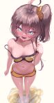  1girl ahoge aqua_eyes bare_arms blush brown_hair camisole crop_top dolphin_shorts frilled_camisole frills full_body hair_ornament hair_scrunchie hand_up highres hololive hyeonin_gentora jacket looking_at_viewer natsuiro_matsuri natsuiro_matsuri_(matsuri's_day_off) navel official_alternate_costume open_mouth scrunchie short_hair_with_long_locks short_shorts shorts side_ponytail simple_background solo stomach strap_slip striped_clothes striped_jacket unworn_jacket virtual_youtuber white_background yellow_camisole yellow_jacket yellow_shorts 