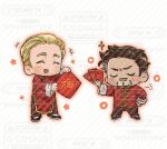  +++ 2boys :3 alternate_costume avengers_(series) black_shoes blonde_hair blush brown_hair brown_pants changpao chibi chibi_only chinese_clothes closed_eyes closed_mouth commission facial_hair full_body hand_on_own_hip hand_up hands_up holding hongbao long_sleeves male_focus mandarin_collar marvel marvel_cinematic_universe multiple_boys open_mouth pants red_shirt shajiang144584 shirt shoes short_hair simple_background smile standing star_(symbol) steve_rogers tony_stark v-shaped_eyebrows watermark white_background wide_sleeves 