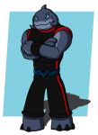  2019 3_toes alien belt blue_eyes bracelet cel_shading clothed clothing crossed_arms digital_media_(artwork) disney gantu grey_body grey_skin hi_res jewelry lilo_and_stitch looking_at_viewer male muscular muscular_male simple_background smile solo standing toes tyrotspacecat 