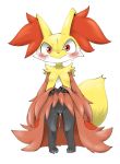  2019 anthro blush bodily_fluids canid canine delphox doneru dripping female fur genital_fluids hi_res inner_ear_fluff looking_at_viewer mammal nintendo pok&eacute;mon pok&eacute;mon_(species) presenting presenting_pussy pussy pussy_juice red_eyes simple_background solo sweat tuft video_games yellow_body yellow_fur young 