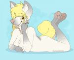  2015 4_toes 5_fingers anthro blonde_hair canid canine canis digital_media_(artwork) domestic_dog female fingers hair mammal nude open_mouth orange_eyes senimasan solo teeth toes tongue yellow_eyes 