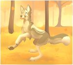  2016 4_toes blue_eyes canid canine canis coyote day detailed_background digital_media_(artwork) feral forest fur grass grey_body grey_fur male mammal outside senimasan smile solo toes tree 