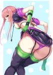  1girl ass bangs belt bikini blush boots braid breasts cosplay eyebrows_visible_through_hair fate/grand_order fate_(series) florence_nightingale_(fate/grand_order) florence_nightingale_(fate/grand_order)_(cosplay) from_behind from_below gloves green_bikini green_gloves green_legwear hand_behind_head hat highres layered_bikini leaning_forward lifted_by_self long_hair looking_at_viewer manawana medb_(fate)_(all) medb_(fate/grand_order) medium_breasts micro_bikini_top microskirt miniskirt navel pink_belt pink_hair purple_belt purple_bikini revealing_clothes short_sleeves shrug_(clothing) side-tie_bikini sidelocks skindentation skirt skirt_lift smile solo stethoscope swimsuit thigh_boots thighhighs thighhighs_under_boots tiara trick_or_treatment underwear very_long_hair yellow_eyes 