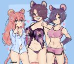  3girls :d animal_ear_fluff animal_ears artist_name babydoll bandaid bandaid_on_nose bare_shoulders black_fur black_hair blue_background boyshorts breasts brown_fur brown_hair collarbone commission cowboy_shot dellu_(geenymous) dormouse_(monster_girl_encyclopedia) dress_shirt eyebrows_visible_through_hair eyes_visible_through_hair fur groin hair_over_one_eye hand_behind_head heart highres large_breasts large_mouse_(monster_girl_encyclopedia) lingerie long_hair long_sleeves looking_at_viewer midriff monster_girl_encyclopedia mouse_ears mouse_girl mouse_tail multiple_girls naked_shirt navel nellu_(geenymous) open_mouth original panties pink_panties pinkgengar purple_eyes round_teeth second-party_source shirt short_hair simple_background small_breasts smile sports_bra tail teeth underwear underwear_only vellu_(geenymous) white_shirt 