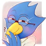  2019 4_fingers anthro avian beak berdly blue_body blue_feathers blush clothed clothing deltarune eyebrows eyewear feathers fingers glasses half-closed_eyes headshot_portrait lens_flare looking_at_viewer male portrait raised_eyebrow shirt simple_background smile solo topwear umiruku_(artist) video_games 