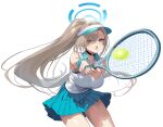  1girl absurdres alternate_costume alternate_hairstyle asuna_(blue_archive) ball blue_archive blue_halo hair_over_one_eye halo hidis0086 highres holding holding_tennis_racket long_hair ponytail racket solo sportswear tennis tennis_ball tennis_racket tennis_skirt tennis_uniform visor_cap white_background 
