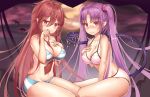  2girls :q akuno_mika artist_name bangs bare_shoulders bat between_breasts between_legs bikini black_tail blue_bikini blush breasts brown_hair collarbone commentary crossover demon_girl demon_tail embarrassed english_commentary eyebrows_visible_through_hair hair_between_eyes hand_between_legs hand_on_own_chest hand_up itadaki!_seieki kaptivate koakuma_kanojo large_breasts long_hair looking_at_viewer moon multiple_girls navel necktie necktie_between_breasts nose_blush pointy_ears purple_hair red_eyes red_hair red_neckwear setagaya_mari sitting smile striped striped_bikini succubus swimsuit tail thighs tongue tongue_out twintails very_long_hair wavy_mouth white_bikini 