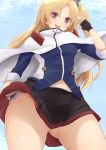  1girl ass_visible_through_thighs azur_lane bangs black_gloves black_skirt blonde_hair blue_sky capelet cleveland_(azur_lane) cloud commentary_request day eyebrows_visible_through_hair fingerless_gloves from_below gloves head_tilt highres jampen legs_apart looking_at_viewer midriff_peek miniskirt one_side_up open_mouth outdoors panties parted_bangs pleated_skirt red_eyes side-tie_panties skirt sky smile solo string_panties thighs underwear waving white_capelet white_panties 
