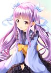  1girl :o blue_kimono blue_ribbon blush bow brown_eyes commentary_request hair_ribbon highres hikawa_kyoka japanese_clothes kimono long_hair long_sleeves looking_at_viewer open_mouth orange_bow pointy_ears princess_connect! princess_connect!_re:dive purple_hair revision ribbon ribbon_trim sidelocks solo tears twintails very_long_hair wide_sleeves zenon_(for_achieve) 