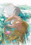  1girl bare_shoulders blonde_hair bracer breasts closed_eyes dress flower gold_necklace highres jewelry long_dress long_hair medium_breasts necklace parted_bangs partially_submerged pink_flower pointy_ears princess_zelda solo strapless strapless_dress the_legend_of_zelda the_legend_of_zelda:_breath_of_the_wild tsujieiri water_lily_flower white_dress white_flower 