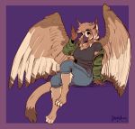  avian barefoot big_breasts bird blush bottomwear breasts clothed clothing feathered_wings feathers greasymojo gryphon hi_res jeans off_shoulder owl pants shirt sitting solo sona_(noxiis) topwear wings 