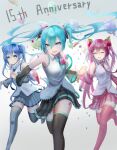  3girls absurdres aqua_eyes aqua_hair aqua_necktie aqua_trim balloon black_skirt blue_eyes blue_hair blue_trim blush boots breasts closed_eyes closed_mouth collared_shirt detached_sleeves eikawa_suru grey_skirt hair_between_eyes hair_ornament happy_anniversary hatsune_miku hatsune_miku_(vocaloid3) highres holding holding_hands long_hair long_sleeves looking_at_viewer medium_breasts multiple_girls necktie official_alternate_costume official_alternate_hairstyle open_mouth pink_hair pink_skirt pink_trim pleated_skirt sakura_miku scarf shirt skirt sleeveless sleeveless_shirt smile thigh_boots twintails very_long_hair vocaloid white_scarf wide_sleeves yuki_miku yuki_miku_(2011) zettai_ryouiki 