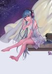  1girl :d absurdres aqua_nails artist_logo bare_arms bare_legs bare_shoulders barefoot between_legs blue_eyes blue_hair blush cable collarbone curtains dress eyelashes foot_dangle from_side full_body hand_between_legs hand_on_headphones hatsune_miku headphones highres leaning_forward long_hair looking_at_viewer open_mouth round_teeth signature sitting sky sleeveless sleeveless_dress smile solo star_(sky) starry_sky sundress teeth toenail_polish twintails upper_teeth user_xefs3474 very_long_hair vocaloid white_dress 