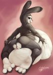  anthro bedroom_eyes belly belly_squish big_belly buckteeth butt digital_media_(artwork) disney female female_pred half-closed_eyes hi_res hungrysuccubus hyper hyper_belly judy_hopps lagomorph leporid looking_at_viewer looking_back lying mammal muscular_thighs nude on_front open_mouth open_smile purple_eyes pussy rabbit rear_view seductive simple_background smile solo squish teeth vore zootopia 