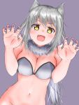  1girl bare_shoulders blush bottomless breasts cleavage commentary_request eyebrows_visible_through_hair fang flower_knight_girl fur_collar ginryousou_(flower_knight_girl) gloves grey_hair hair_between_eyes halloween highres large_breasts long_hair looking_at_viewer navel pink_nails purple_background simple_background smile solo yellow_eyes yukinoshiro 