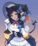  1girl :d a20_(atsumaru) aiba_uiha animal_ears bangs basket bell black_capelet black_hair black_headwear black_ribbon blue_bow blue_eyes blue_flower blue_rose bow bowtie braid breasts capelet cat_ears cat_girl cat_tail commentary_request corset dress eyebrows_visible_through_hair fang flower french_braid frilled_dress frilled_sleeves frills gradient gradient_background halloween hat hat_bow heart highres holding_lantern jack-o&#039;-lantern jingle_bell lantern layered_dress leaning_forward long_sleeves looking_at_viewer medium_breasts nijisanji open_mouth parted_bangs puffy_long_sleeves puffy_sleeves pumpkin purple_bow purple_neckwear ribbon rose short_hair smile solo tail tail_ribbon tareme virtual_youtuber white_dress witch_hat 