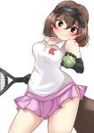  1girl ball bare_shoulders black_gloves black_visor blush brown_eyes brown_hair collarbone collared_shirt cowboy_shot elbow_gloves embarrassed gloves hair_between_eyes highres holding holding_ball japari_symbol kemono_friends looking_at_viewer pink_skirt platypus_(kemono_friends) platypus_girl pleated_skirt racket salusuveli shirt short_hair sidelocks skirt sleeveless solo sportswear tennis_ball tennis_racket tennis_uniform visor_cap white_shirt 