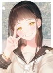  1girl bangle black_hair black_sailor_collar blurry blurry_background blush bracelet brown_eyes collarbone depth_of_field gomzi grin hand_up head_tilt jewelry long_hair long_sleeves original petals sailor_collar shirt signature smile solo upper_body v white_neckwear white_shirt 