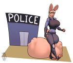  2019 4_toes 5_fingers anthro balls big_balls blonde_hair bulge clothed clothing cock_vore digital_media_(artwork) fingers freckles_(artist) gynomorph hair huge_balls hyper hyper_balls intersex lagomorph leporid lo mammal penile penis police_uniform post_vore rabbit red_eyes short_hair signature solo toes uniform vore 