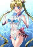  1girl :d back_bow bangs bikini bikini_under_clothes bishoujo_senshi_sailor_moon blonde_hair blue_background blue_bikini blue_eyes blue_sailor_collar blush bow breasts choker circlet commentary_request covered_navel cowboy_shot crescent crescent_earrings double_bun earrings elbow_gloves eyebrows_visible_through_hair gloves gradient gradient_background highleg highleg_leotard jewelry leotard long_hair looking_at_viewer medium_breasts open_mouth parted_bangs pink_choker red_bow sailor_collar sailor_moon see-through sen_(sansui) short_sleeves side-tie_bikini smile solo star starry_background swimsuit tareme tsukino_usagi twintails underboob very_long_hair white_gloves white_leotard 